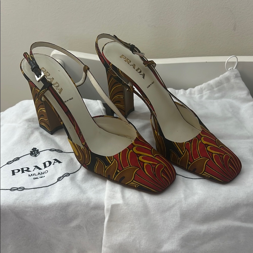 Prada Red and Brown Embroidered Heels